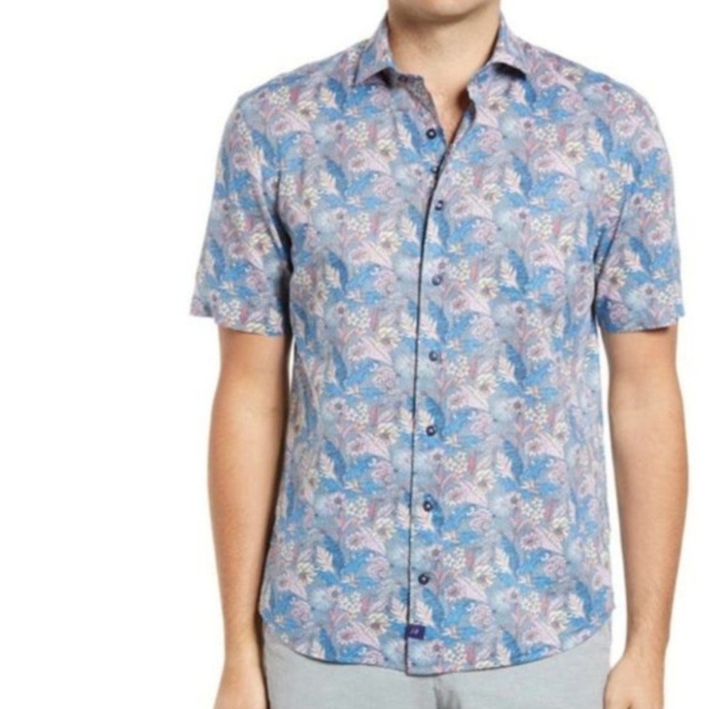 Johnnie-O Men's Saul Twilight Floral Short Sleeve Button‎ Down Cotton Camp Shirt